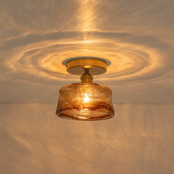 Thehouselights-Amber Glass Drum Semi Flush Mount-Ceiling Light-1-Light-