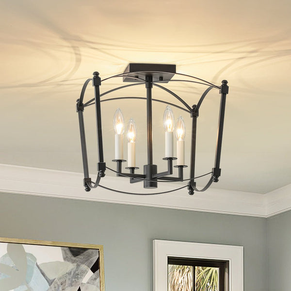 Thehouselights - Antique Lantern Cage Semi Flush Mount - Ceiling Light - Black - 