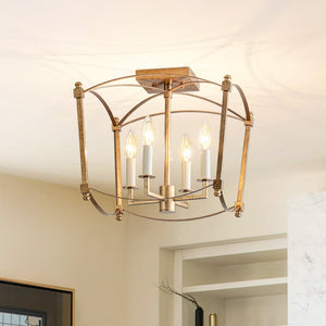 Thehouselights - Antique Lantern Cage Semi Flush Mount - Ceiling Light - Brass - 