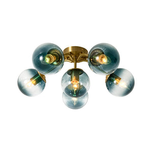 Thehouselights-Brass Blue Glass Sputnik Bubble Semi Flush Chandelier-Chandelier-6-Light-