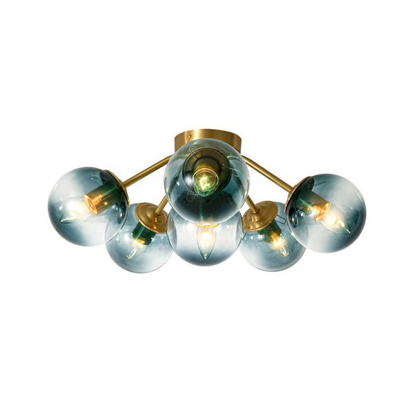 Thehouselights-Brass Blue Glass Sputnik Bubble Semi Flush Chandelier-Chandelier-6-Light-