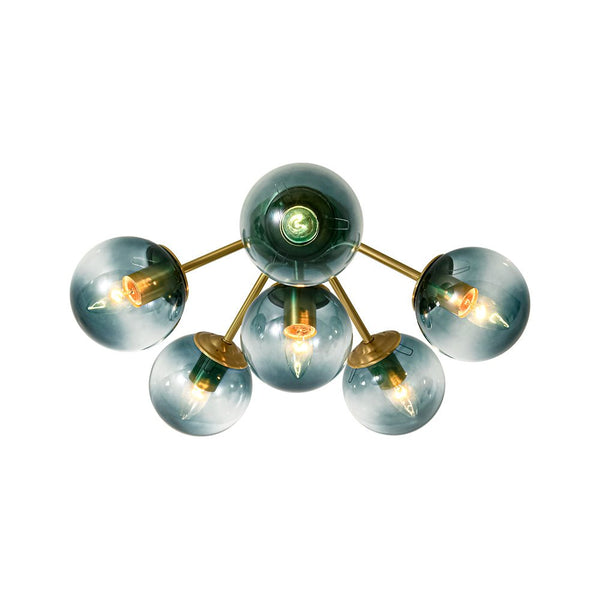 Thehouselights-Brass Blue Glass Sputnik Bubble Semi Flush Chandelier-Chandelier-6-Light-