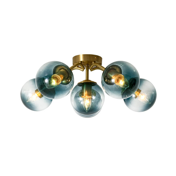 Thehouselights-Brass Blue Glass Sputnik Bubble Semi Flush Chandelier-Chandelier-6-Light-