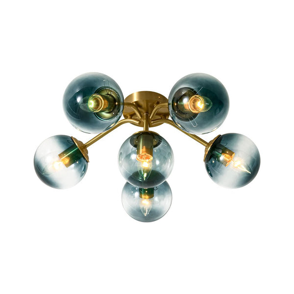 Thehouselights-Brass Blue Glass Sputnik Bubble Semi Flush Chandelier-Chandelier-6-Light-
