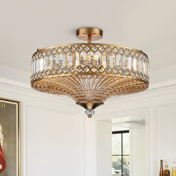 Thehouselights - Carved Crystal Drum Semi Flush Mount - Ceiling Light - Brass - 