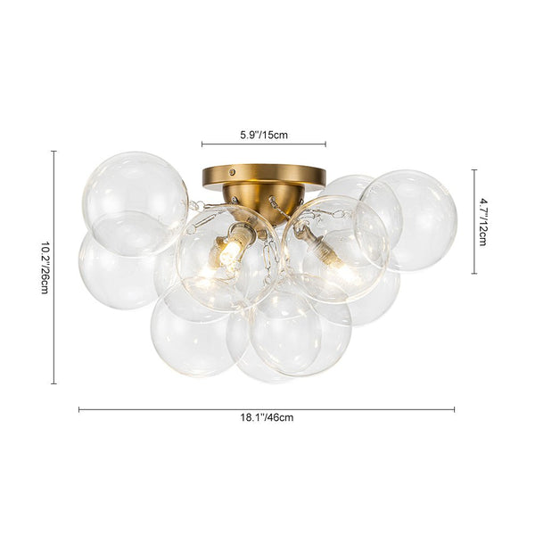 Thehouselights-Cluster Clear Glass Bubble Semi Flush Chandelier-Ceiling Light-Brass-