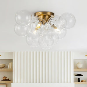 Thehouselights-Cluster Clear Glass Bubble Semi Flush Chandelier-Ceiling Light-Brass-