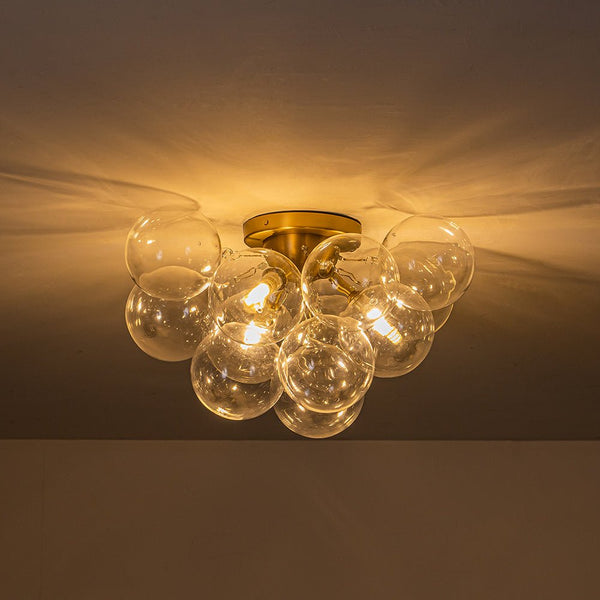 Thehouselights-Cluster Clear Glass Bubble Semi Flush Chandelier-Ceiling Light-Brass-