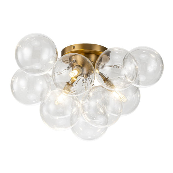Thehouselights-Cluster Clear Glass Bubble Semi Flush Chandelier-Ceiling Light-Brass-