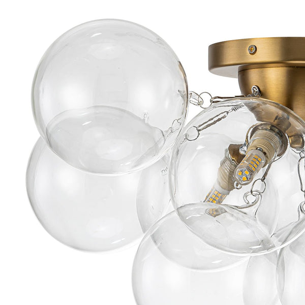 Thehouselights-Cluster Clear Glass Bubble Semi Flush Chandelier-Ceiling Light-Brass-