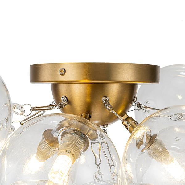 Thehouselights-Cluster Clear Glass Bubble Semi Flush Chandelier-Ceiling Light-Brass-