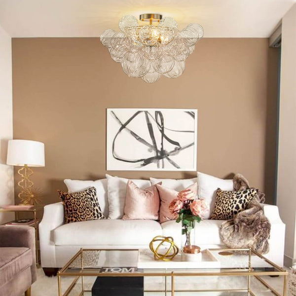 Thehouselights-Cluster Petal Glass Bubble Semi Flush Chandelier-Ceiling Light-Brass-