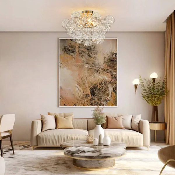 Thehouselights-Cluster Petal Glass Bubble Semi Flush Chandelier-Ceiling Light-Brass-