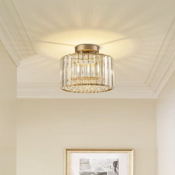 Thehouselights - Crystal Drum Brass Flush Mount Chandelier - Ceiling Light - Brass - 