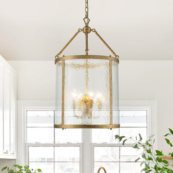 Thehouselights - Cylinder Lantern Ice Glass Chandelier Pendant Light - Pendant - Distressed Gold - 