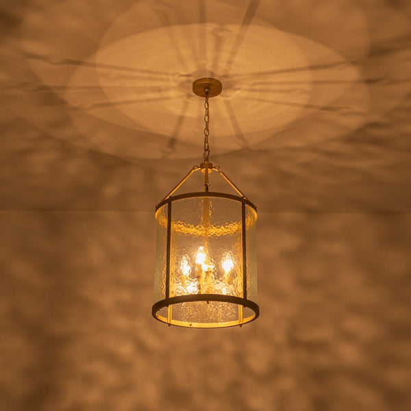 Thehouselights - Cylinder Lantern Ice Glass Chandelier Pendant Light - Pendant - Distressed Gold - 