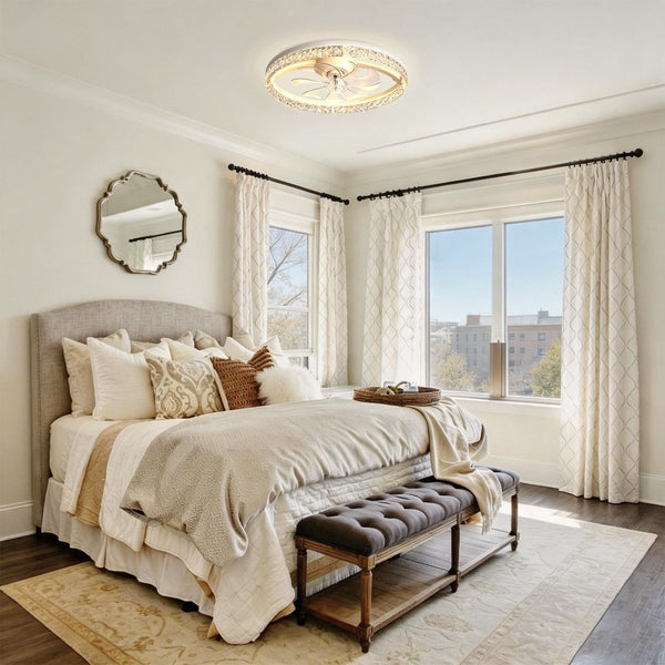Thehouselights-Dimmable Bedroom Crystal Glass Flush Mount Ceiling Fan with Light-Ceiling Light-White-