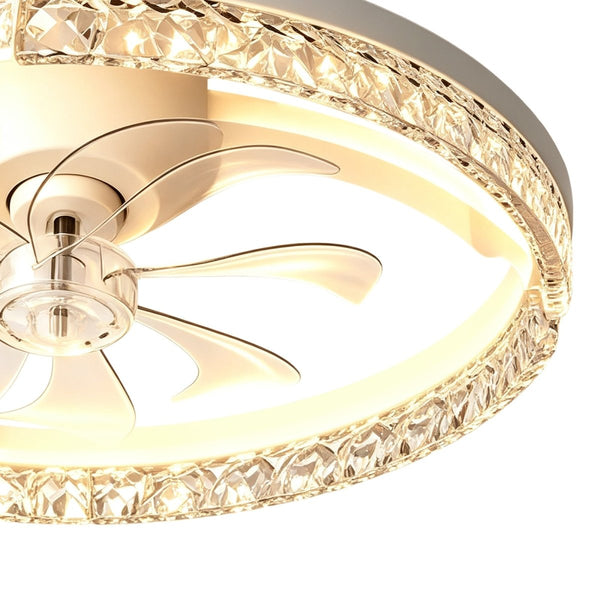Thehouselights-Dimmable Bedroom Crystal Glass Flush Mount Ceiling Fan with Light-Ceiling Light-White-