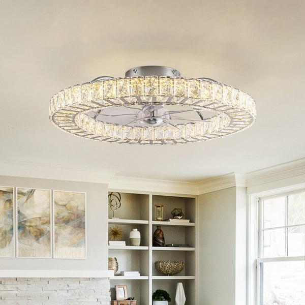Thehouselights-Dimmable Crystal Semi Flush Mount Ceiling Fan-Ceiling Light-Chrome-