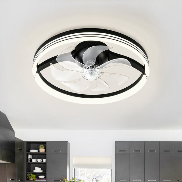 Thehouselights-Dimmable Indoor Bedroom Flush Mount Ceiling Fan with Light-Ceiling Light-Black-