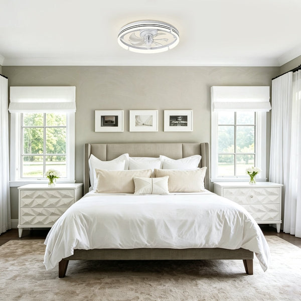 Thehouselights-Dimmable Indoor Bedroom Flush Mount Ceiling Fan with Light-Ceiling Light-White-