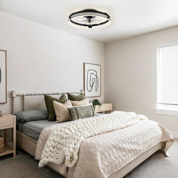 Thehouselights-Dimmable Indoor Bedroom Flush Mount Ceiling Fan with Light-Ceiling Light-White-