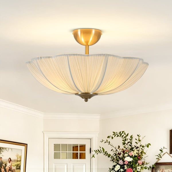 Thehouselights-Fabric Shade Flower Semi Flush Mount-Ceiling Light-3-Light-