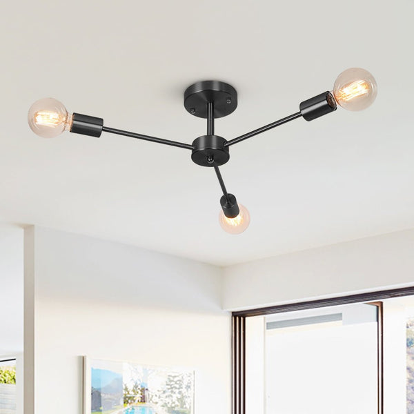 Thehouselights - Mid - Century Sputnik Brass Semi Flush Mount Chandelier - Flush Mount - 3 Bulbs - Black