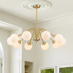 Thehouselights - Mid - century Sputnik Opal Glass Globe Entryway Chandelier - Chandelier - 10 - Light - Brass