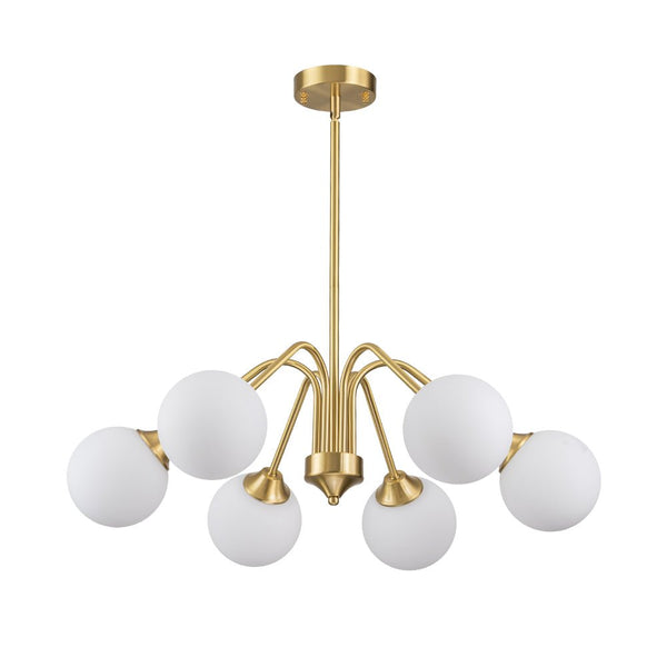 Thehouselights - Mid - century Sputnik Opal Glass Globe Entryway Chandelier - Chandelier - 6 - Light - Brass