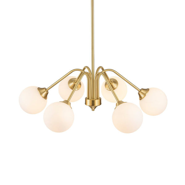 Thehouselights - Mid - century Sputnik Opal Glass Globe Entryway Chandelier - Chandelier - 6 - Light - Brass