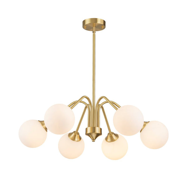 Thehouselights - Mid - century Sputnik Opal Glass Globe Entryway Chandelier - Chandelier - 6 - Light - Brass