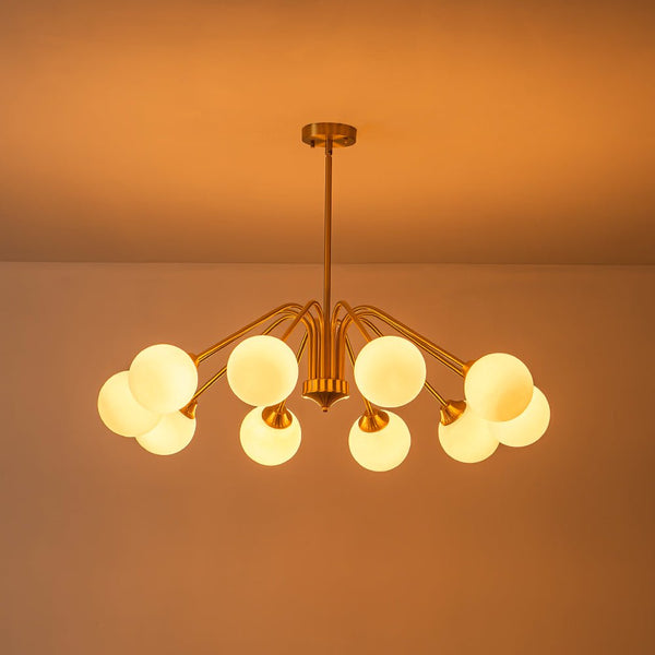 Thehouselights - Mid - century Sputnik Opal Glass Globe Entryway Chandelier - Chandelier - 6 - Light - Brass