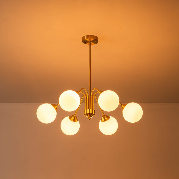 Thehouselights - Mid - century Sputnik Opal Glass Globe Entryway Chandelier - Chandelier - 6 - Light - Brass