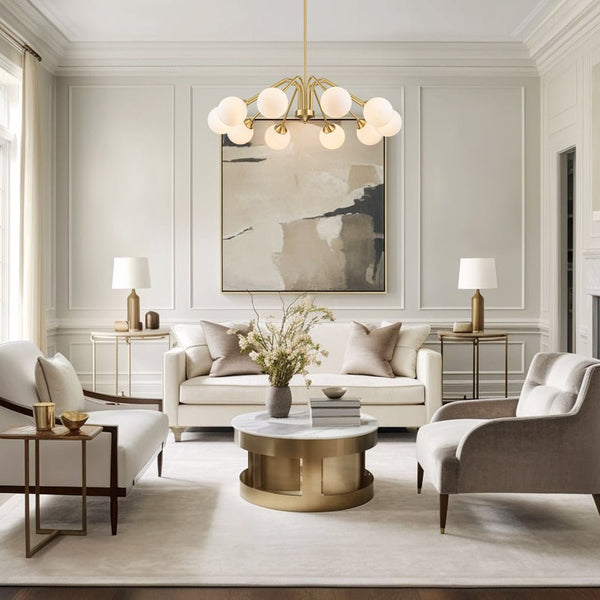 Thehouselights - Mid - century Sputnik Opal Glass Globe Entryway Chandelier - Chandelier - 6 - Light - Brass