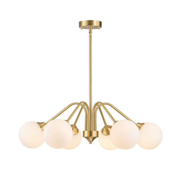 Thehouselights - Mid - century Sputnik Opal Glass Globe Entryway Chandelier - Chandelier - 6 - Light - Brass