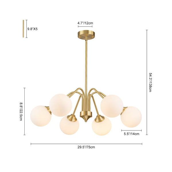 Thehouselights - Mid - century Sputnik Opal Glass Globe Entryway Chandelier - Chandelier - 6 - Light - Brass