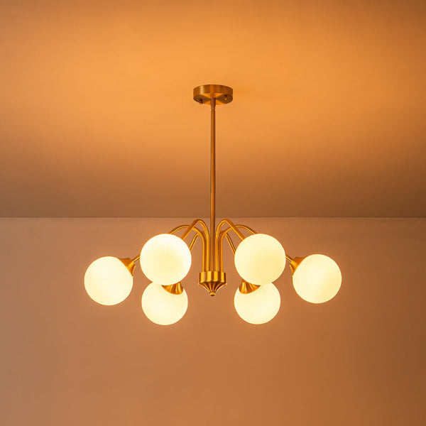 Thehouselights - Mid - century Sputnik Opal Glass Globe Entryway Chandelier - Chandelier - 6 - Light - Brass