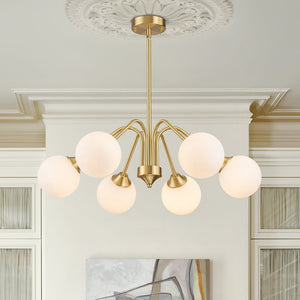 Thehouselights - Mid - century Sputnik Opal Glass Globe Entryway Chandelier - Chandelier - 6 - Light - Brass
