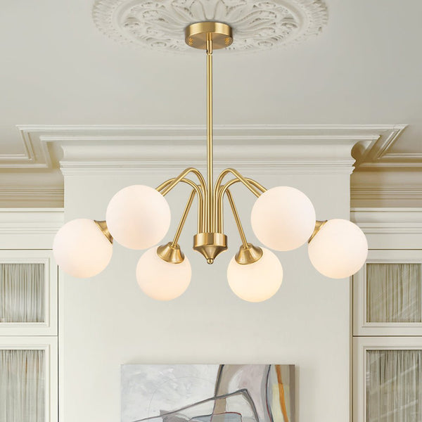 Thehouselights - Mid - century Sputnik Opal Glass Globe Entryway Chandelier - Chandelier - 6 - Light - Brass