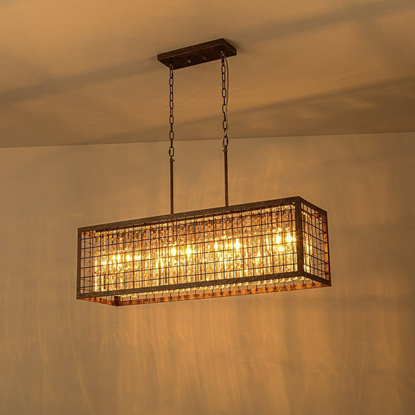 Thehouselights - Modern Farmhouse Rectangle Crystal Island Chandelier - Chandelier - Brown - 