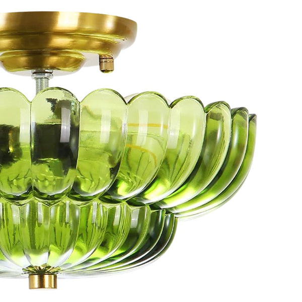 Thehouselights - Scalloped Glass Semi - Flush Mount Ceiling Light - Ceiling Light - Brass & Green Glass - 