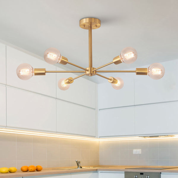 Mid-Century Sputnik Brass Semi Flush Mount Chandelier - Thehouselights