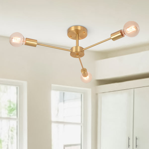 Mid-Century Sputnik Brass Semi Flush Mount Chandelier - Thehouselights