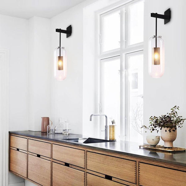 Kitchen Lightie-Mid-Century Modern 1-Light Glass Cylinder Wall Light Fixture-Wall Lights-Black-