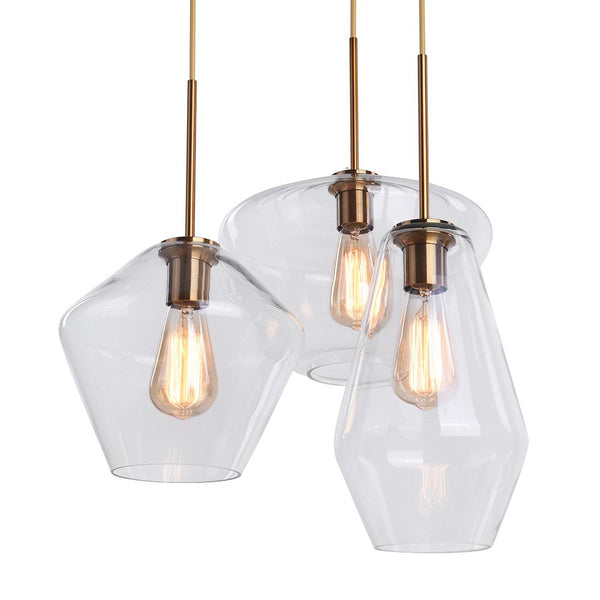 Kitchen Lightie-Modern Brass Geometric Glass Pendant Light-Pendants-Clear Glass-3 Lt-Round Canopy