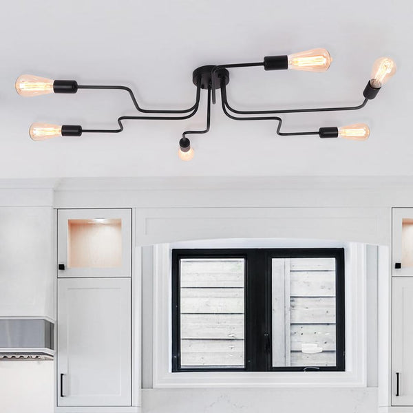 Kitchens 'n Lights-6-Light Traditional Sputnik Linear Semi-Flush Mount-Flush Mount-Black-
