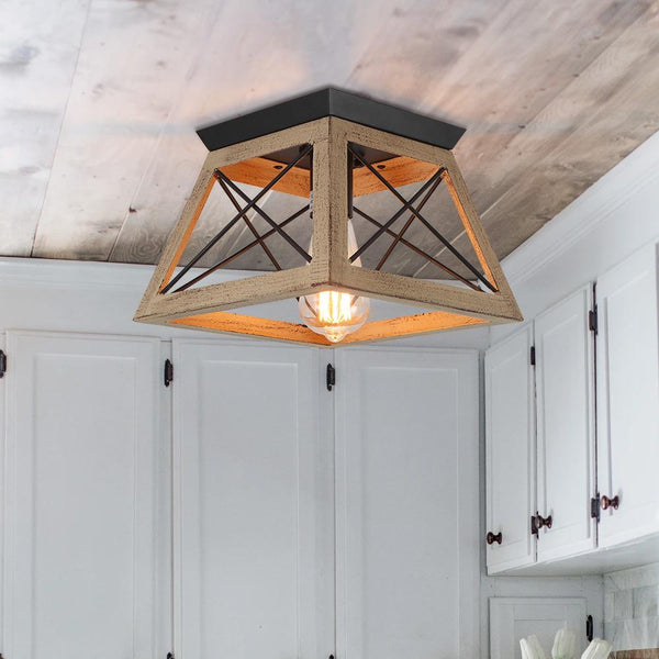Kitchens 'n Lights-Farmhouse 1-Light Caged Square Flush Mount Ceiling Light-Flush Mount-Brown-