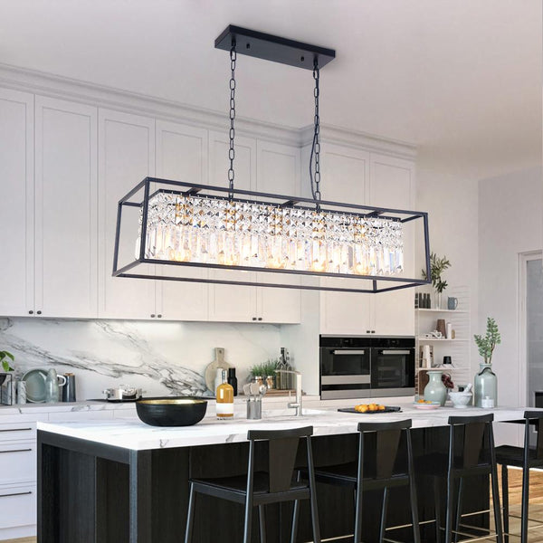 Thehouselights-Modern Rectangle Crystal Island Linear Chandelier-Chandelier-Default Title-