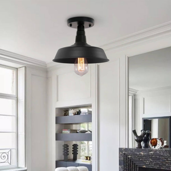 Thehouselights-1-Light Black Pot Lid Semi Flush Mount 10.2"-Ceiling Light--